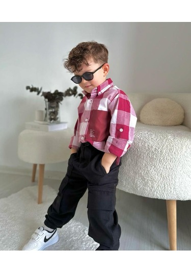 Minaz Baby Kareli Gömlek Pantolon Takım Kırmızı - Siyah