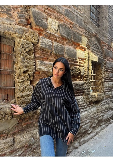 Siyah Çizgili Oversize Pamuklu Düğmeli Gömlek Siyah