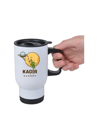 Kişiye Özel Kulplu Uzay Temalı Çelik Bardak Termos - 450mlt Beyaz