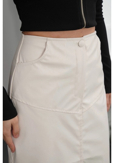 Yırtmaçlı Uzun Deri Etek Krem Krem