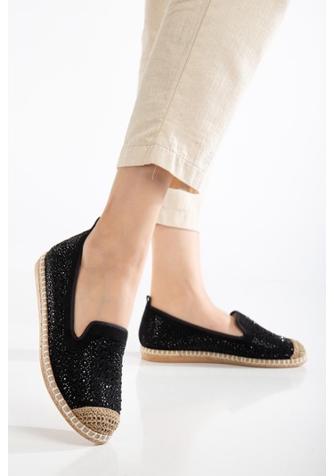 Suins Lujo Model Siyah&ten Taş İşlemeli Kadın Babet Ayakkabı Siyah