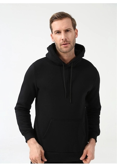 Süvari Kapüşonlu Yaka Regular Kalıp Düz Siyah Sweatshirt Siyah