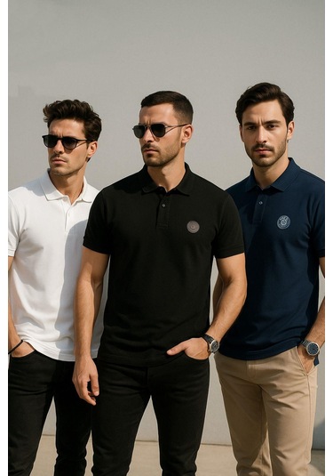 Erkek 3'lü Paket Tişört Rahat Kesim %100 Pamuklu Polo Yaka T-shirt Siyah-lacivert-beyaz 410