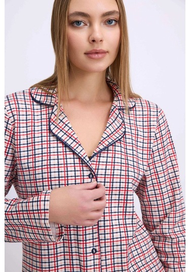 Pamuklu Uzun Kol Düğmeli Gömlek Ve Ekose Pantolon Pijama Takımı Kırmızı