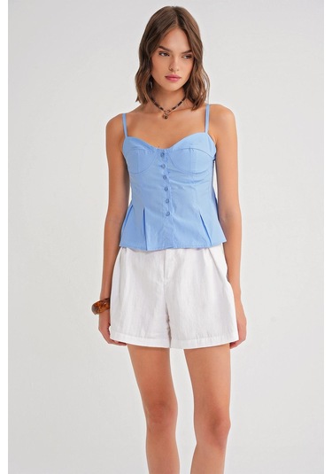 4737 Kadın Düğmeli Kuplu Pileli Bluz Mavi Mavi