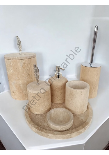 Sarı Traverten Klasik Model 7 Parça Gümüş Renk Kuş Tüyü Aksesuarlı Banyo Seti Sarı Traverten