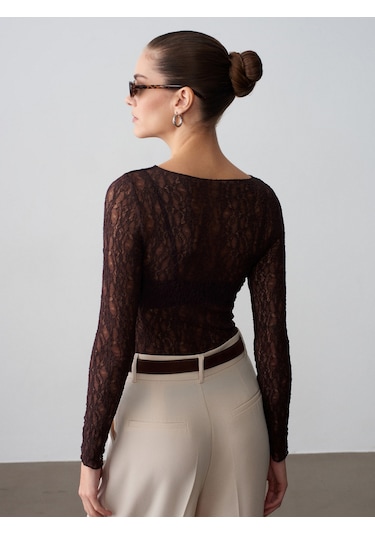 Dilvin 32764 Kayık Yaka Dantel Top-koyu Kahve