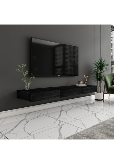 Avalon 3 Kapaklı Duvara Monte Tv Sehpası 140 Cm, Modern Minimal Tasarım, Tv Ünitesi - Ahşap Siyah Ahşap Siyah