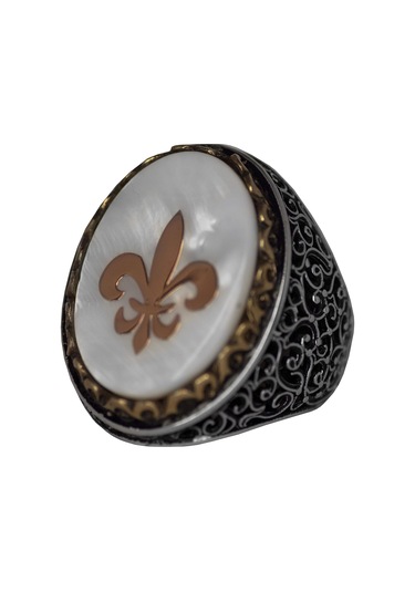 Regal Ve Sembolik Erkek 925 Ayar Gümüş Yüzük - Zambak Sembolü Ve Doğal Taşlarla Süslenmiş Gümüş