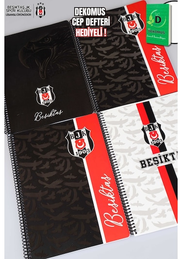 "dekomus Cep Defteri Hediyeli" Lisanslı Beşiktaş Spırallı 2 Adet Kareli Ve 2 Adet Çizgili A4 Karton Kapak 72 Yaprak Defter Seti