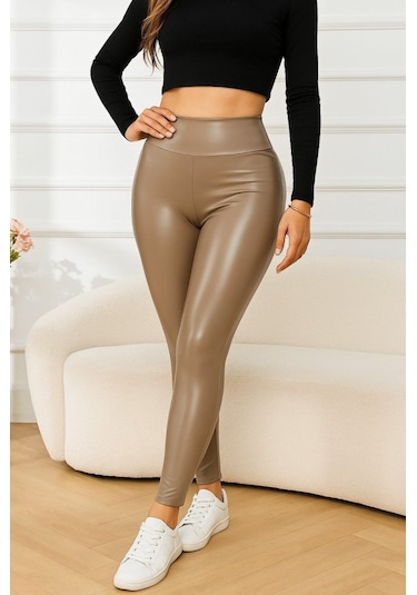 Kadın Yüksek Bel Deri Tayt Sütlü Kahve