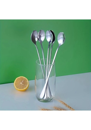 Xuweiwei 4 Parça Paslanmaz Çelik Buz Ve Kahve Kaşığı Seti Uzun Saplı Dayanıklı Gümüş