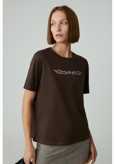GRIMELANGE Cherıe Kadın Crop Taşlı Yuvarlak Yaka Kahverengi T-shirt Kahverengi
