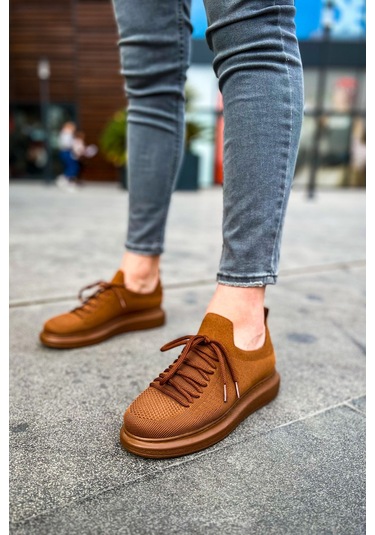 Pabucmarketi Bağcık Detaylı Triko Kumaş Erkek Spor Ayakkabı Kahve Çok Renkli