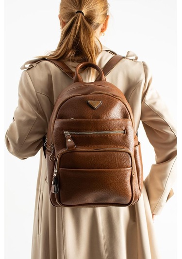 Vegan Deri Kadın Sırt Çantası 35 25 Cm Yağmur İtici Kumaş Mega Bag Günlük Kullanıma Uygun Taba