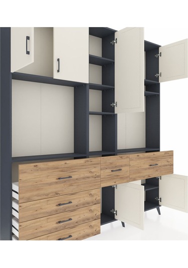 Arges Dolap 10 Raflı 6 Çekmeceli 8 Kapaklı 220x30x243 Antrasit-aytaşı/çam Aytası/atlas Çam