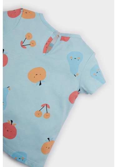 DeFacto Kız Bebek Pijama Takımı Desenli Kısa Kollu Penye Üst Beli Lastikli Şort E9604A525SMBE54 Mavi