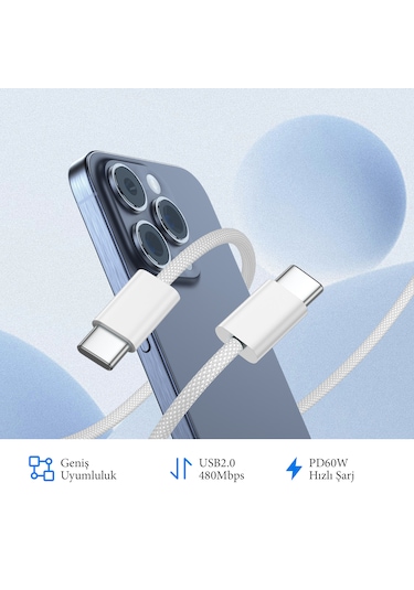 Yediseven Yds-60wb Type C To Type C 60watt  Apple Uyumlu iPhone  15 Şarj Kablosu