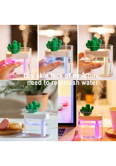 Tenfowee Cactus Şekilli Usb Nemlendirici 160ml - 7 Renkli Gece Lambası, Nano Sprey Teknolojisi, Ev/ofis Kullanıma Uygun