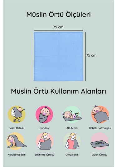 Luckka Dijital Baskılı 3'lü Müslin Örtü Seti - 75x75 Cm - Zt5000 Mavi Mavi