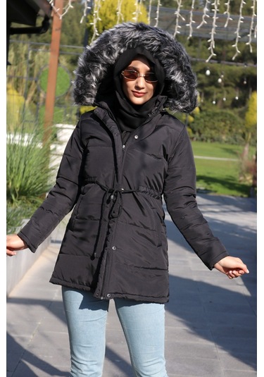 Toridas Kışlık Yaka Kürklü Uzun Kadın Şişme Tesettür Mont Bt122siyahtesettür 001