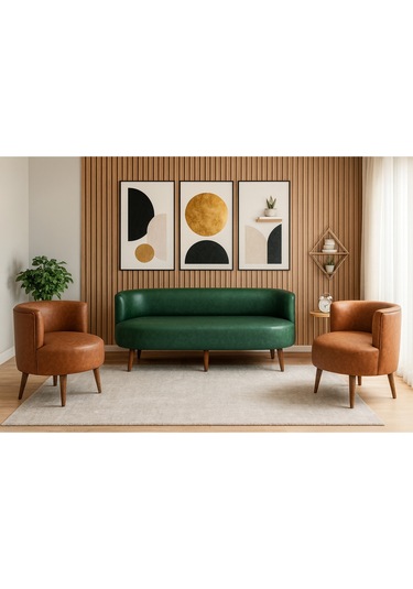 Sydney Koltuk Takımı 3+1+1 Dekoratif Modern Deri Koltuk Seti Ofis Ve Ev Kullanımı - Yeşil / Taba Yeşil / Taba