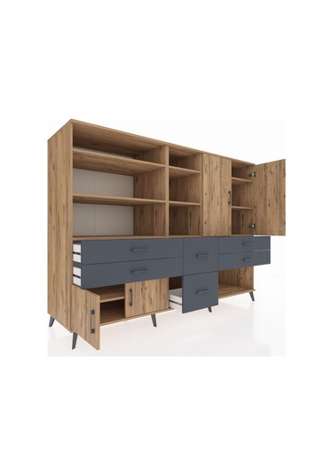 Kronos Dolap 10 Raflı 6 Çekmeceli 4 Kapaklı 220x59x163 Çam-çam/an Çam-çam/antrasit