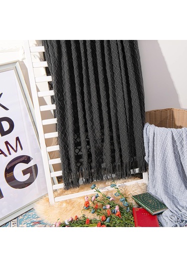 Akrilik Örme Battaniye, 47x67 İnç, Koyu Gri Kareli Diğer