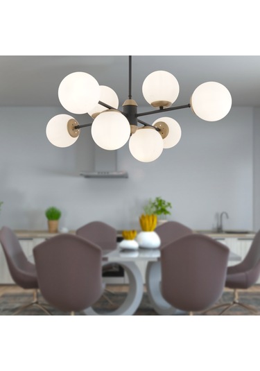 Beria 8'li Sıralı Eskitme Beyaz Camlı Modern Oturma Odası Salon Avize Beyaz