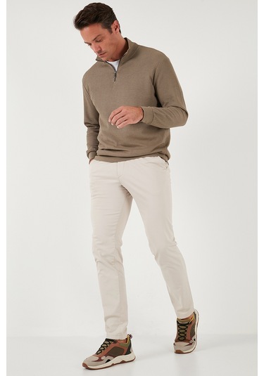 Buratti Pamuklu Regular Fit Yarım Fermuarlı Dik Yaka Erkek Sweat 5905716 Koyu Vizon