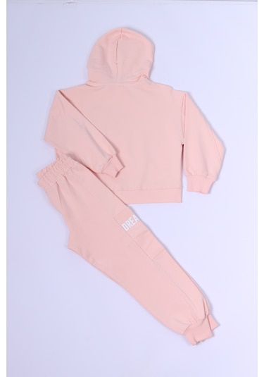 Kız Çocuk Kapşonlu Eşofman Takımı Baskılı Ribanalı C38 Yavruağzı