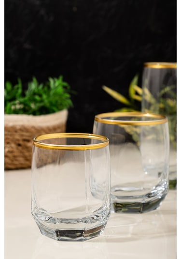 Mest Gold Yaldızlı 18 Parça Cam Su Bardağı Seti Bardak Takımı 215, 310, 385 Cc Gold