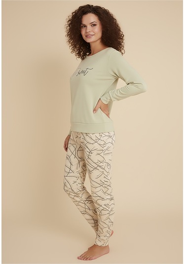 Luxury Thermal Be Sweet Yazılı Çizgili Desenli Kadın Polar Pijama Takımı 42040 Krem
