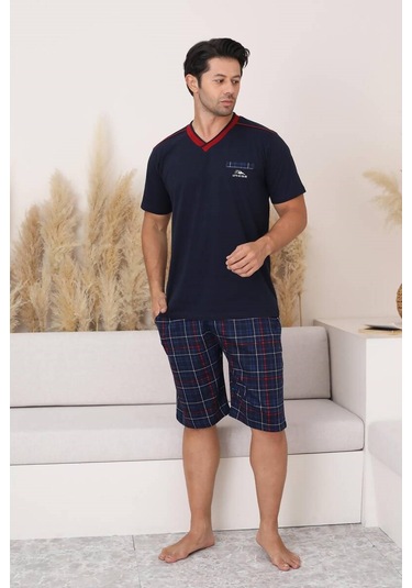 Erkek V Yaka Düğmesiz Ekose Desen Kısa Kol Cepli Şortlu %100 Pamuk Pijama Takımı Lacivert