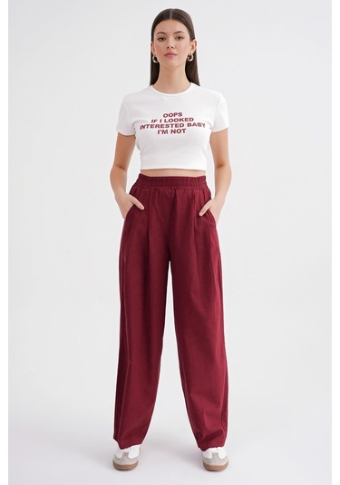 4682 Kadın Beli Lastikli Jogger Bol Keten Pantolon Bordo Bordo