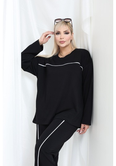 Kadın Büyük Beden Oysho Tarzı Modal Kumaş Uzun Kollu Biyeli Rahat Günlük Takım Siyah