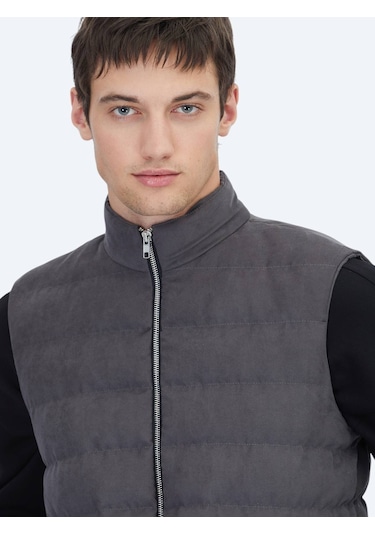Kip Gri Regular Fit Dik Yaka Casual Dokuma Spor Yelek Gri