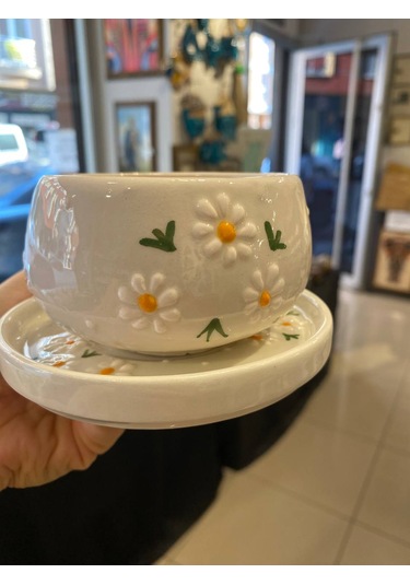 Seramik El Yapımı Fincan Takımı 2'li Set Üçlü Papatya Desenli Beyaz - Sarı