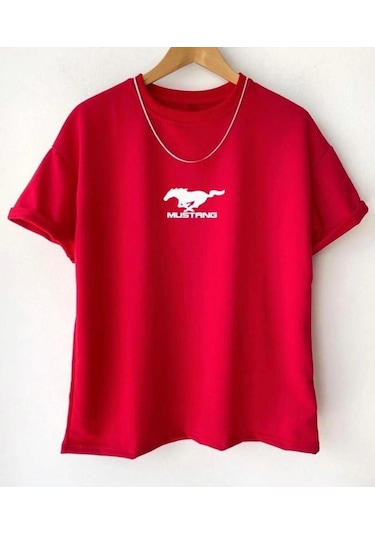 Hırsch Unisex Oversize Kırmızı Bisiklet Yaka Mustang Baskılı T-shirt Kirmizi