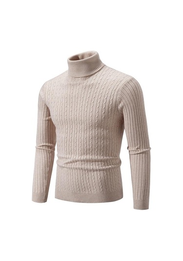 Yeni Erkek Yüksek Boyun Kazak Düz Renk Kazak Örme Sıcak Rahat Balıkçı Yaka Eşofman Yün Erkek Kış Açık Üstleri Bej