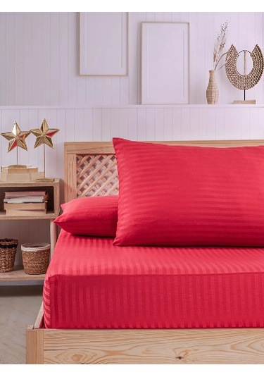Kırmızı Pamuklu Çizgili Saten Lastikli Çarşaf Takımı Tek Kişilik + 1 Yastık Kılıfı Kırmızı
