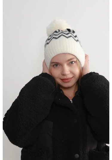 Zigzag Desenli Kadın Bere Rkş-19 Siyah Beyaz 4155630 Beyaz - Siyah