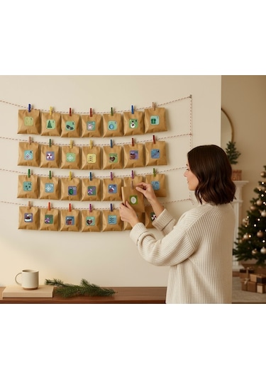 Yılbaşı Advent Takvimi Hediye Seti, Sticker-kraft Kese Kağıdı-renkli Ahşap Mandal-jüt&twine Baker İp