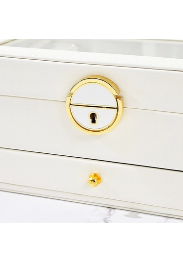 Dışı Deri İçi Kadife Kilitli Çekmeceli Takı Bijuteri Mücevher Kutusu Organizer Düzenleyici Beyaz İth