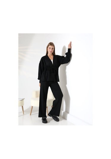 Kuşak Detaylı İkili Triko Takım Siyah