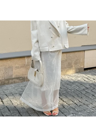 Seksi Şeffaf File Etek Kadın Beyaz Yüksek Bel Yırtmaçlı Bol Uzun Etekler Sonbahar Sokak Modası Kulüp Parti Eteği Kadın Beyaz