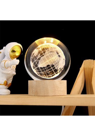 Mufunye 6cm Dünya Kristal Top + 6cm Yuvarlak Isımsı Işıklı Ahşap Tabanlı Usb Güneş Sistemi 3d Işıklı Masaüstü Dekoratif Aydınlatıcı Hediyelik Ürün