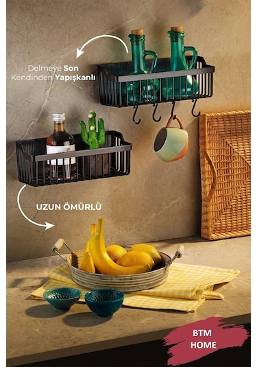 Tezgah Üstü Yapışkanlı Raf - Baharatlık Dolap Içi Düzenleyici - 2li Mutfak Organizeri Siyah Siyah