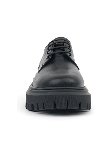 Rakerplus Hakiki Deri Siyah Kırışık Rugan Bağcıklı Oxford Günlük Ayakkabı Siyah