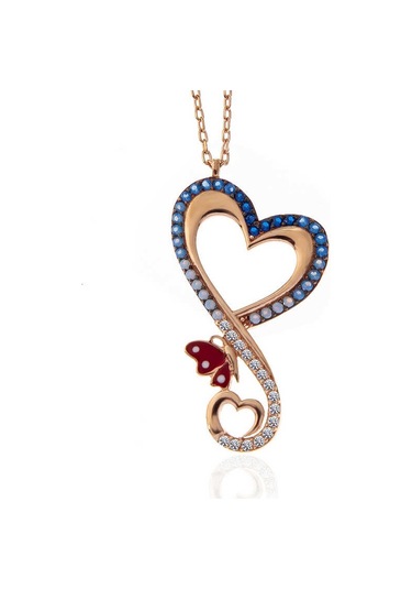 Himarry Gümüş Rose Kalpli Kelebek Kadın Kolye Beyaz